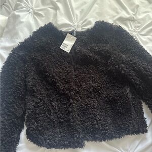 H&M Black Cropped Faux Fur Coat